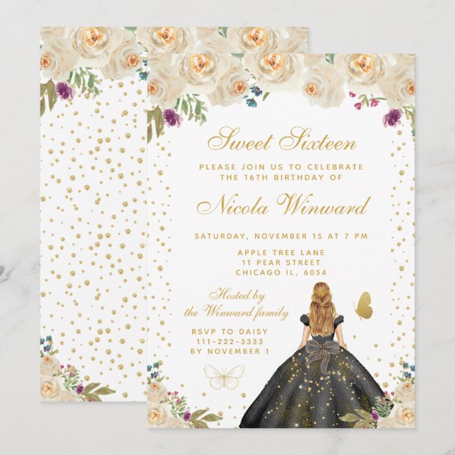 Invitación Princesa de cabello rubio floral crema Dulces Diec (Anverso / Reverso)