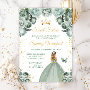 Invitación Princesa de Cabello Rubio Verde Salvia Cumple Dulc