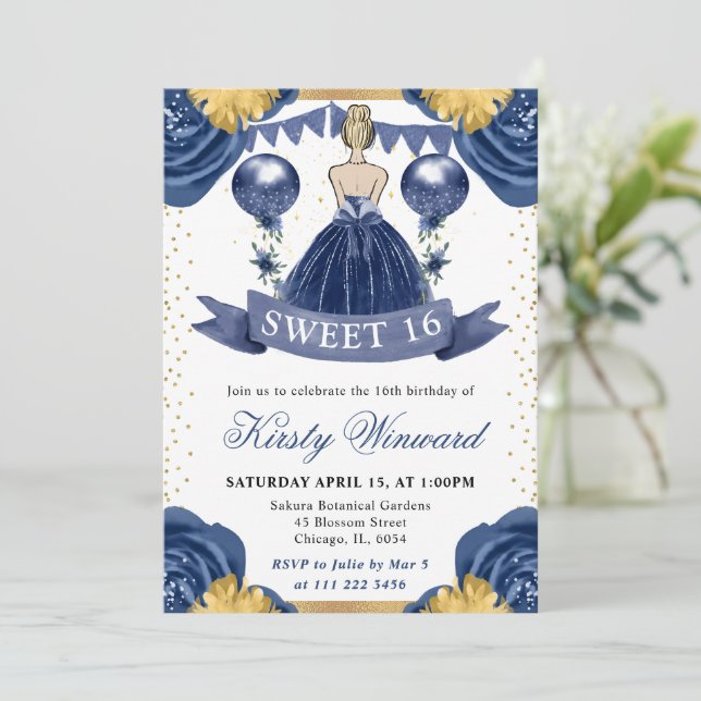 Invitación Princesa de Cabello Rubio Vestido Azul Marino Cump (Anverso de pie)