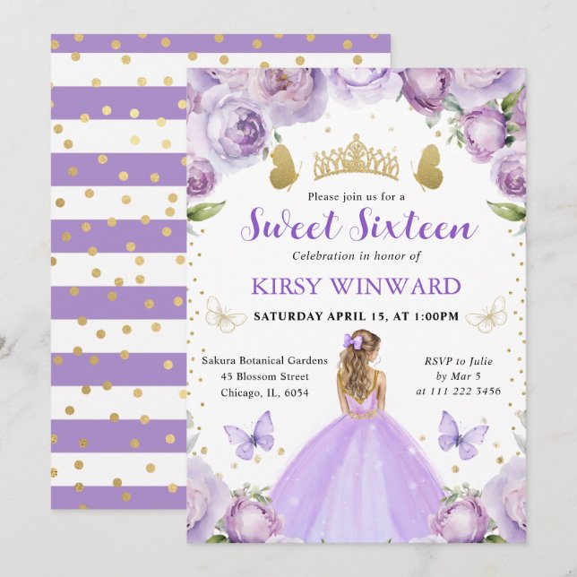 Invitación Princesa de Cabello Rubio Vestido Púrpura Dulces 1 (Anverso / Reverso)