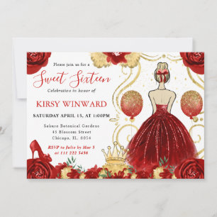 Invitación Princesa de Cabello Rubio Vestido Rojo Cumple 16