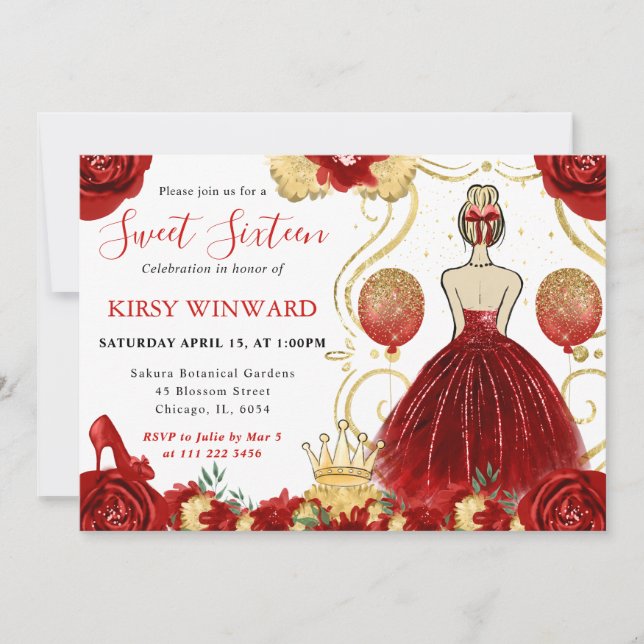 Invitación Princesa de Cabello Rubio Vestido Rojo Cumple 16 (Anverso)