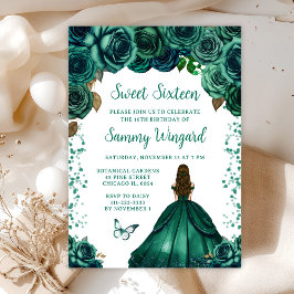 Invitación Princesa de cabello verde marrón esmeralda dulce d