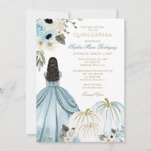 Invitación Princesa de Calabaza Floral Quinceañera Azul Dorad