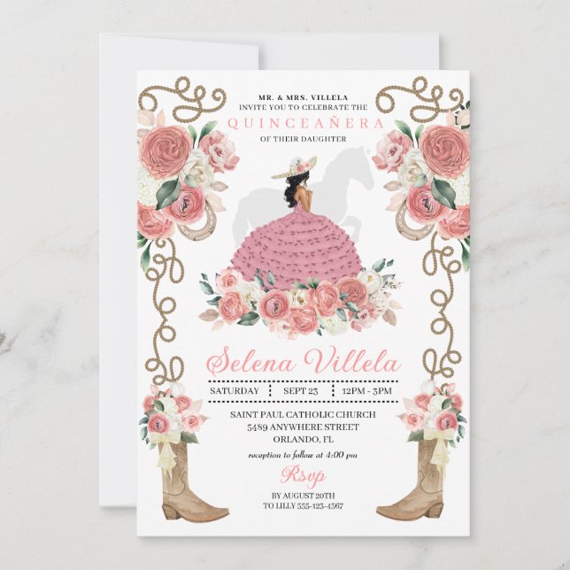 Invitación Princesa de Carro Rosado Occidental Mariachi Quinc (Anverso)