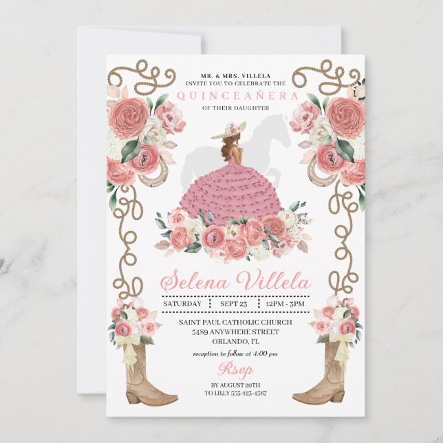 Invitación Princesa de Carro Rosado Occidental Mariachi Quinc (Anverso)