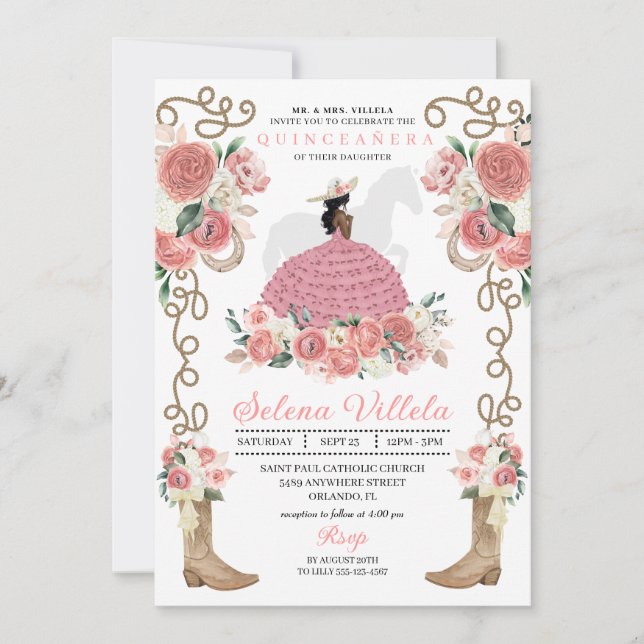 Invitación Princesa de Carro Rosado Occidental Mariachi Quinc (Anverso)
