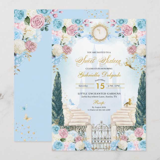 Invitación Princesa de Cenicienta azul y rosa dulce dieciséis (Anverso / Reverso)