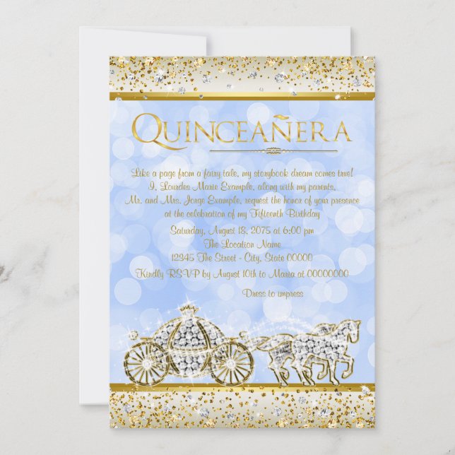 Invitación Princesa de Cenicienta de Oro Azul Quinceanera (Anverso)