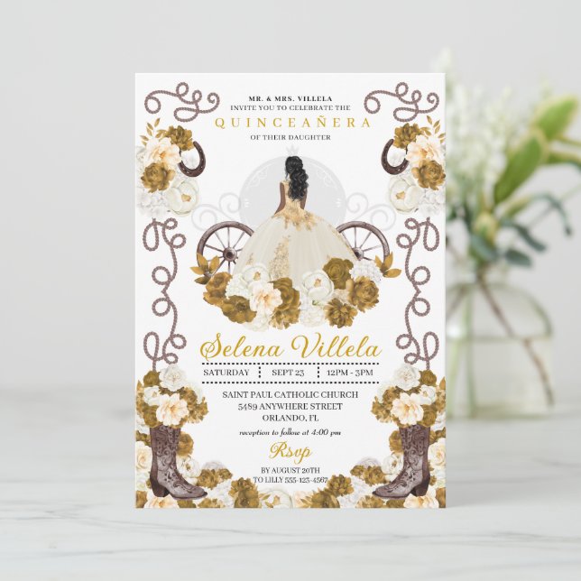 Invitación Princesa de Charro Occidental Ivory & Gold Quincea (Anverso de pie)