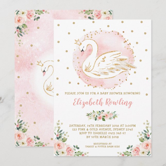 Invitación Princesa de Cisne Femenina Baby Shower de oro rosa (Anverso / Reverso)