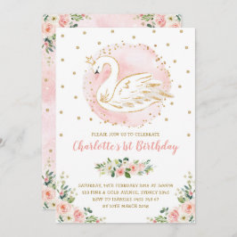 Invitación Princesa de cisne floral / Cumpleaños dorada Rubor