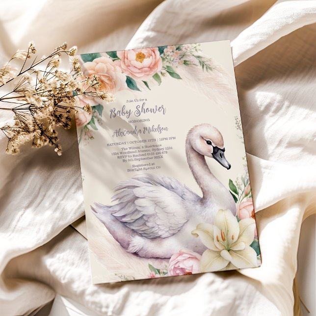 Invitación Princesa de cisne floral rosa Rubor Baby Shower (Subido por el creador)