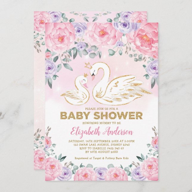 Invitación Princesa de cisne morada rosa floral Baby Shower (Anverso / Reverso)