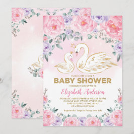 Invitación Princesa de cisne morada rosa floral Baby Shower
