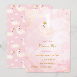 Invitación Princesa de Cisne Pink & Gold acuarela Primer cump