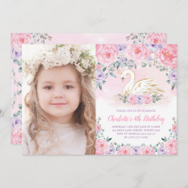 Invitación Princesa de Cisne Rosa Flor Púrpura