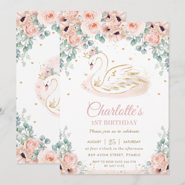 Invitación Princesa de Cisne Rubor Pink Floral Gold Primer cu (Anverso / Reverso)