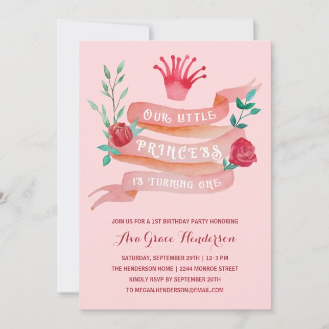 Invitación Princesa de Comercio de Hadas Rosadas Primer Chica (Anverso)