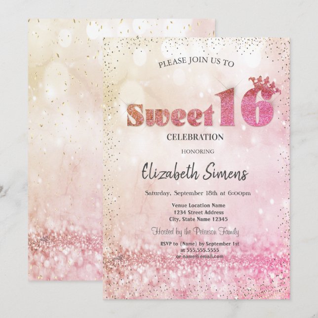 Invitación Princesa de confeti dorado Bokeh Sweet 16 (Anverso / Reverso)