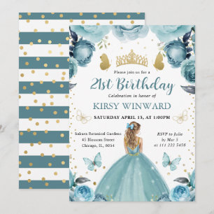 Invitación Princesa de Cumpleaños con Vestido Turquesa y Cabe