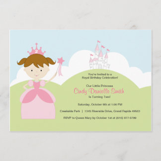 Invitación Princesa de cumpleaños de cabello marrón en rosa c