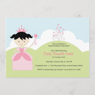 Invitación Princesa de cumpleaños de cabello negro en rosa co