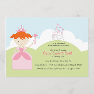 Invitación Princesa de cumpleaños roja en rosa con castillo