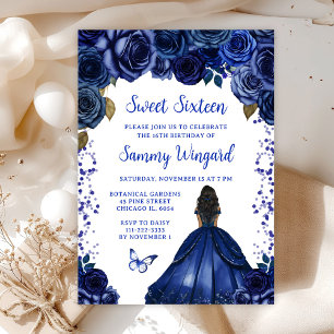 Invitación Princesa de Dieciséis Años de Piel Oscura Azul Mar