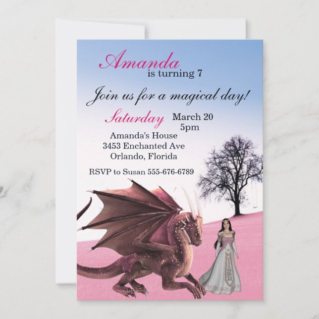Invitación Princesa de Dragón Rosa Fiesta de Cumpleaños Magní (Anverso)