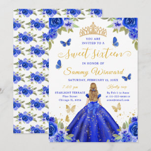 Invitación Princesa de Dulces Dieciséis Tiara Floral Azul Dor
