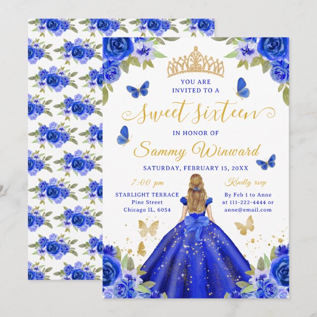 Invitación Princesa de Dulces Dieciséis Tiara Floral Azul Dor (Anverso / Reverso)