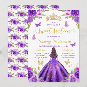 Invitación Princesa de Dulces Dieciséis Tiara Floral Púrpura