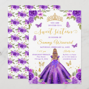 Invitación Princesa de Dulces Dieciséis Tiara Floral Púrpura 