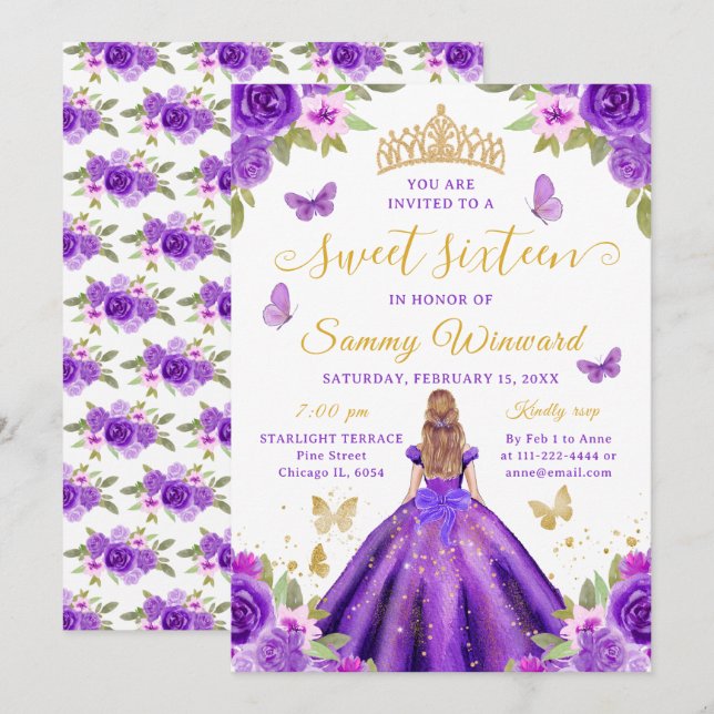 Invitación Princesa de Dulces Dieciséis Tiara Floral Púrpura  (Anverso / Reverso)