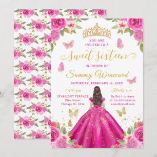 Invitación Princesa de Dulces Dieciséis Tiara Floral Rosa Dor