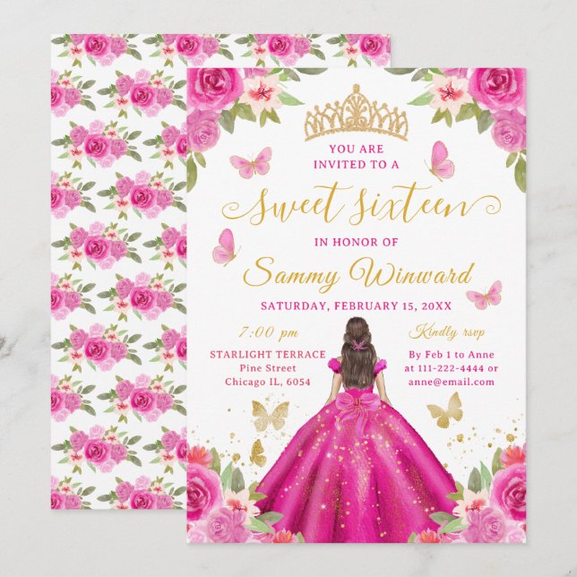 Invitación Princesa de Dulces Dieciséis Tiara Floral Rosa Dor (Anverso / Reverso)