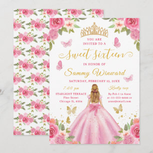Invitación Princesa de Dulces Dieciséis Tiara Floral Rosa Dor
