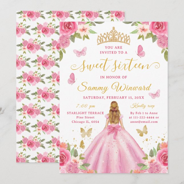 Invitación Princesa de Dulces Dieciséis Tiara Floral Rosa Dor (Anverso / Reverso)