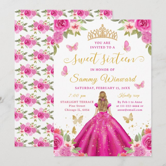 Invitación Princesa de Dulces Dieciséis Tiara Floral Rosa Dor (Anverso / Reverso)