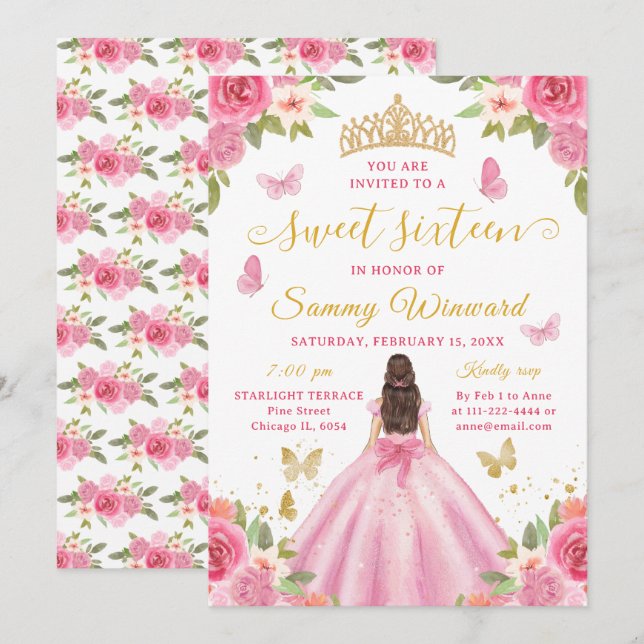 Invitación Princesa de Dulces Dieciséis Tiara Floral Rosa Dor (Anverso / Reverso)