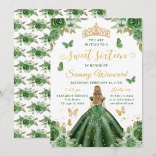 Invitación Princesa de Dulces Dieciséis Tiara Floral Verde Do