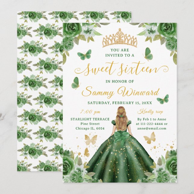 Invitación Princesa de Dulces Dieciséis Tiara Floral Verde Do (Anverso / Reverso)