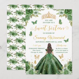Invitación Princesa de Dulces Dieciséis Tiara Floral Verde Do