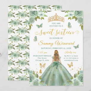 Invitación Princesa de Dulces Dieciséis Tiara Floral Verde Do