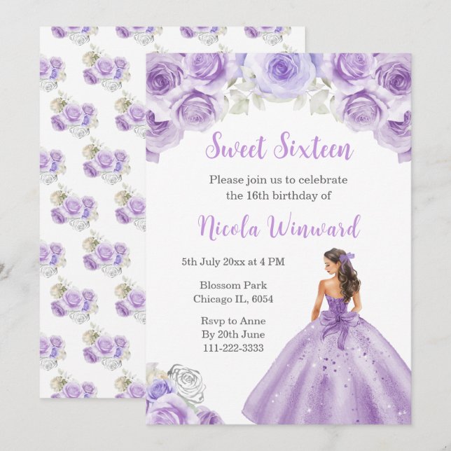 Invitación Princesa de Dusty Purple Dress Dress Dieciséis (Anverso / Reverso)