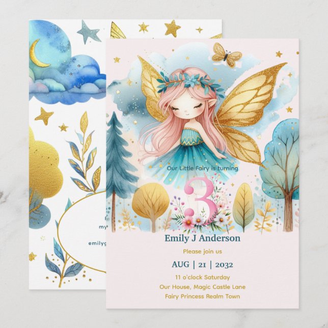Invitación Princesa de hadas 3er cumpleaños TRES Pies de hada (Anverso / Reverso)