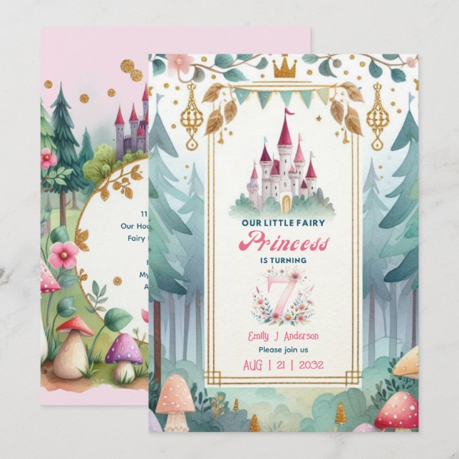 Invitación Princesa de hadas 7 cumpleaños Fairytale Fairycore (Anverso / Reverso)