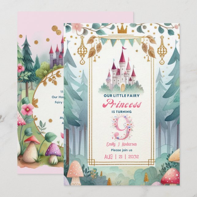 Invitación Princesa de hadas 9 cumpleaños Fairytale Fairycore (Anverso / Reverso)