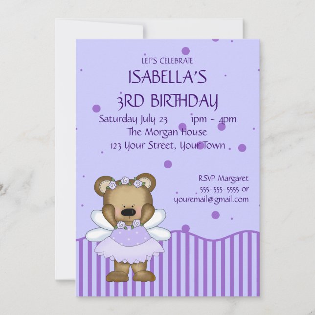Invitación Princesa de hadas azul de encargo del oso de (Anverso)